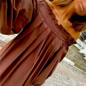 Zara Pleated Dress Balloon Sleeves Brown New